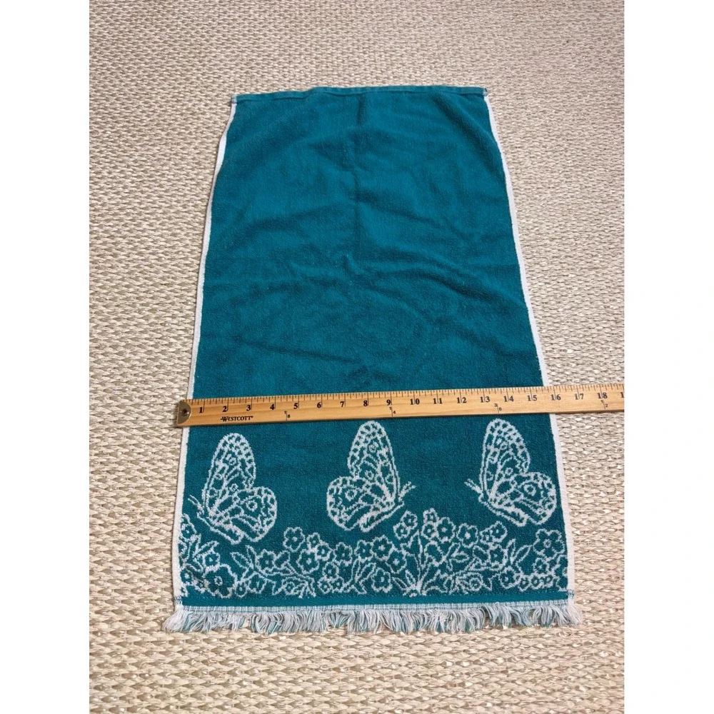 Vintage Teal Blue Butterfly Hand Towel Fringed Floral Cottagecore Retro Bath